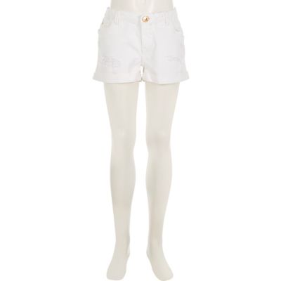 Girls white distressed denim shorts